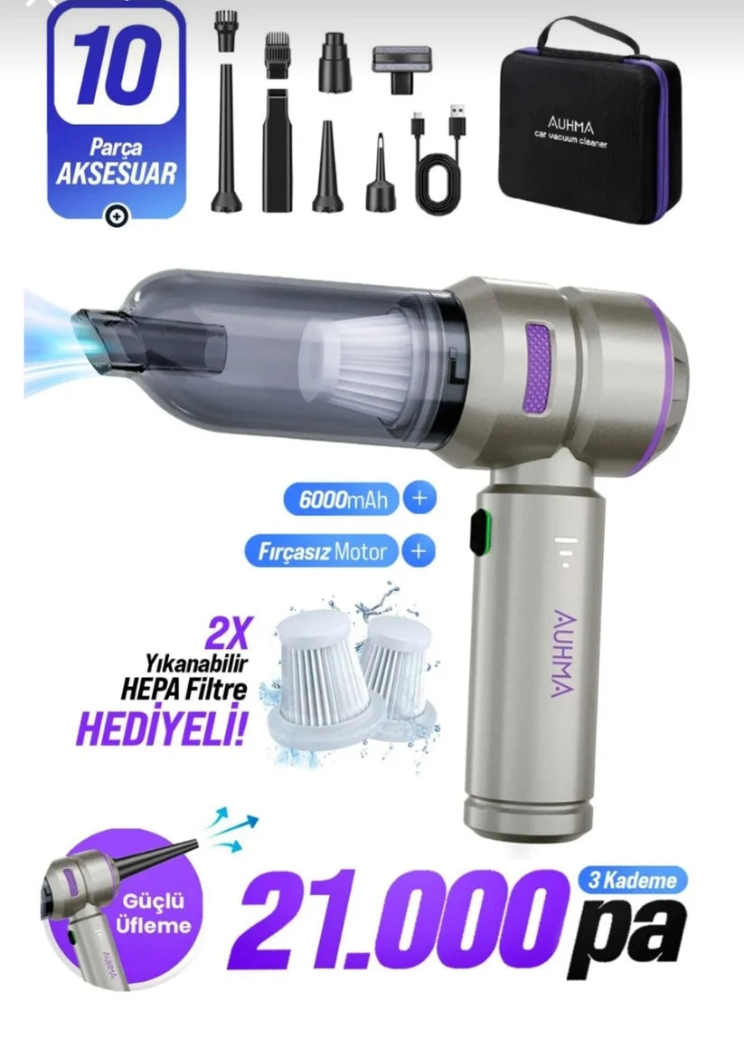 AHV-02 Kablosuz Araç içi Süpürge 21.000MPA Güçlü Vakum[KAPIDA ÖDEME & ÜCRETSİZ KARGO]