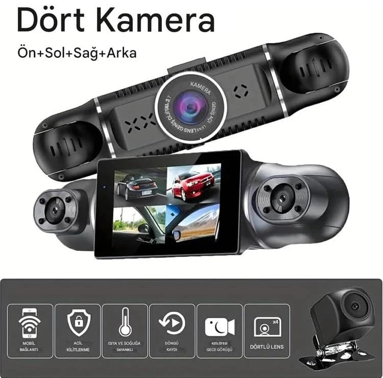 4 Kameralı 360° Araç İçi Kamera – Ultra HD, Wi-Fi, GPS & Park Modu [KAPIDA ÖDEME & ÜCRETSİZ KARGO]