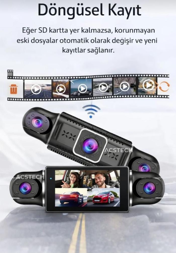 4 Kameralı 360° Araç İçi Kamera – Ultra HD, Wi-Fi, GPS & Park Modu [KAPIDA ÖDEME & ÜCRETSİZ KARGO]